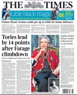 The Times front cover. Former Yves Saint Laurent and Dior model Leslie MacLennnan rediscovered in care home by fashion photographer James Muller